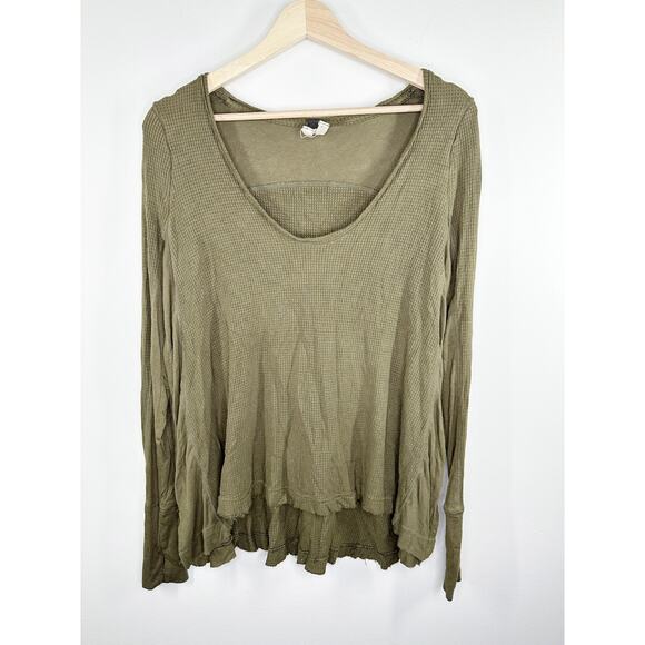 Free People Womens Green Thermal Knit Shirt Size S Lagenlook Oversized Boho - Picture 1 of 9